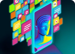 Imagem do rosto de um personagem masculino na tela de um celular com diversos balões e telas atrás dele.