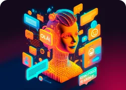 Imagem 3D da cabeça de uma personagem feminina sorrindo com várias telas e balões em volta dela com os textos “olá”, “como posso te ajudar?”.