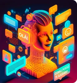 Imagem 3D da cabeça de uma personagem feminina sorrindo com várias telas e balões em volta dela com os textos “olá”, “como posso te ajudar?”.