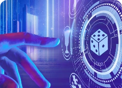 Mão tocando uma tela uma roleta com ícones de um dado, um troféu e peças de quebra-cabeça.