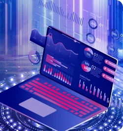 Computador aberto com vários gráficos na tela e em volta dele.