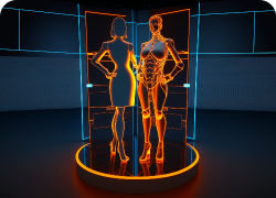 Imagem do corpo de duas figuras femininas com traços robóticos em cima de uma plataforma.