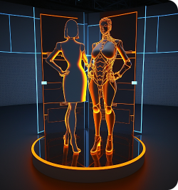 Imagem do corpo de duas figuras femininas com traços robóticos em cima de uma plataforma.