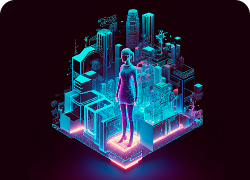 Imagem do corpo de uma mulher virtual em um ambiente com prédios e outros elementos.