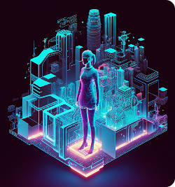 Imagem do corpo de uma mulher virtual em um ambiente com prédios e outros elementos.