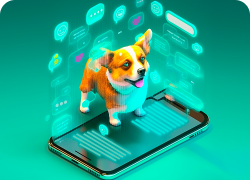 Imagem de um cachorro em 3D em cima de um celular com vários balões e telas em volta dele.