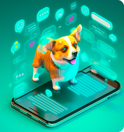Imagem de um cachorro em 3D em cima de um celular com vários balões e telas em volta dele.